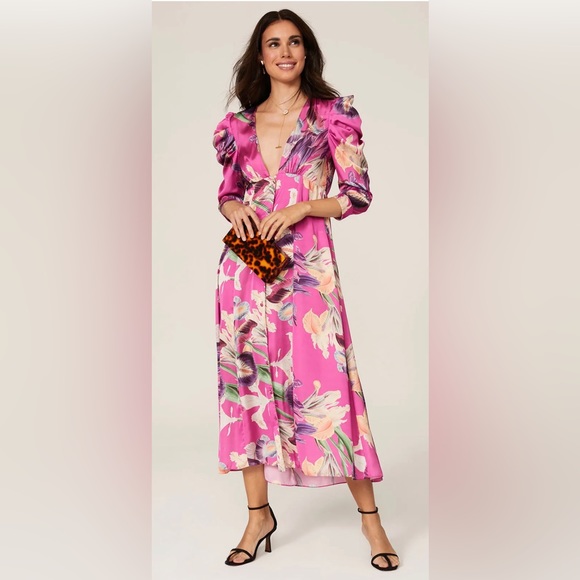 PatBO Dresses & Skirts - PATBO pink floral puff sleeve satin midi dress tropical long sleeve size 4